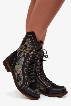 Botki Damskie Z Naturalnej Skóry Maciejka 07097-01 Czarno-Złote