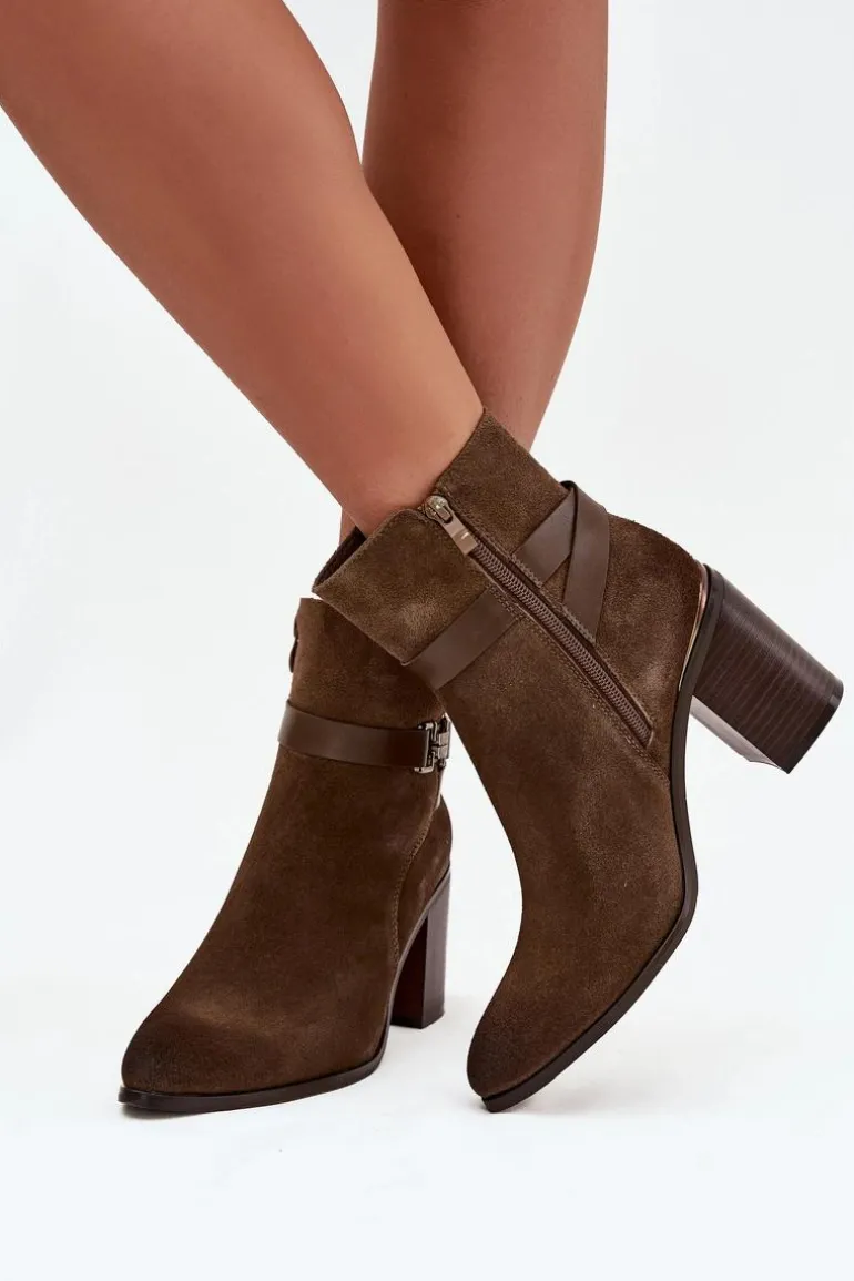 Botki Damskie Z Naturalnego Zamszu Na Słupku Ocieplane Sergio Leone BT25384-S Khaki