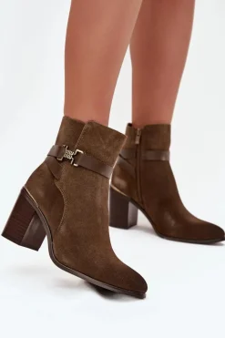 Botki Damskie Z Naturalnego Zamszu Na Słupku Ocieplane Sergio Leone BT25384-S Khaki