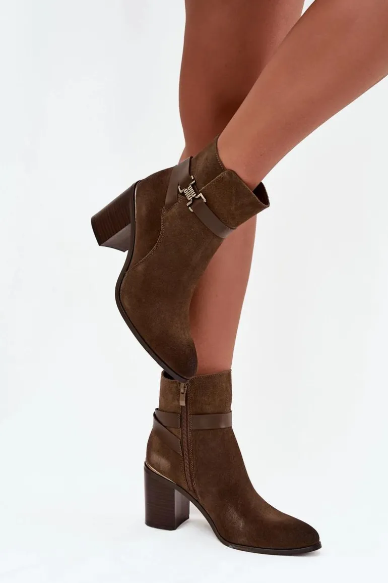 Botki Damskie Z Naturalnego Zamszu Na Słupku Ocieplane Sergio Leone BT25384-S Khaki