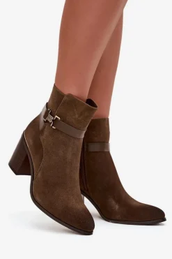 Botki Damskie Z Naturalnego Zamszu Na Słupku Ocieplane Sergio Leone BT25384-S Khaki