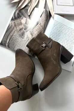 Botki Damskie Z Naturalnego Zamszu Na Słupku Ocieplane Sergio Leone BT25384-S Khaki