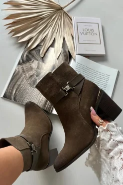 Botki Damskie Z Naturalnego Zamszu Na Słupku Ocieplane Sergio Leone BT25384-S Khaki