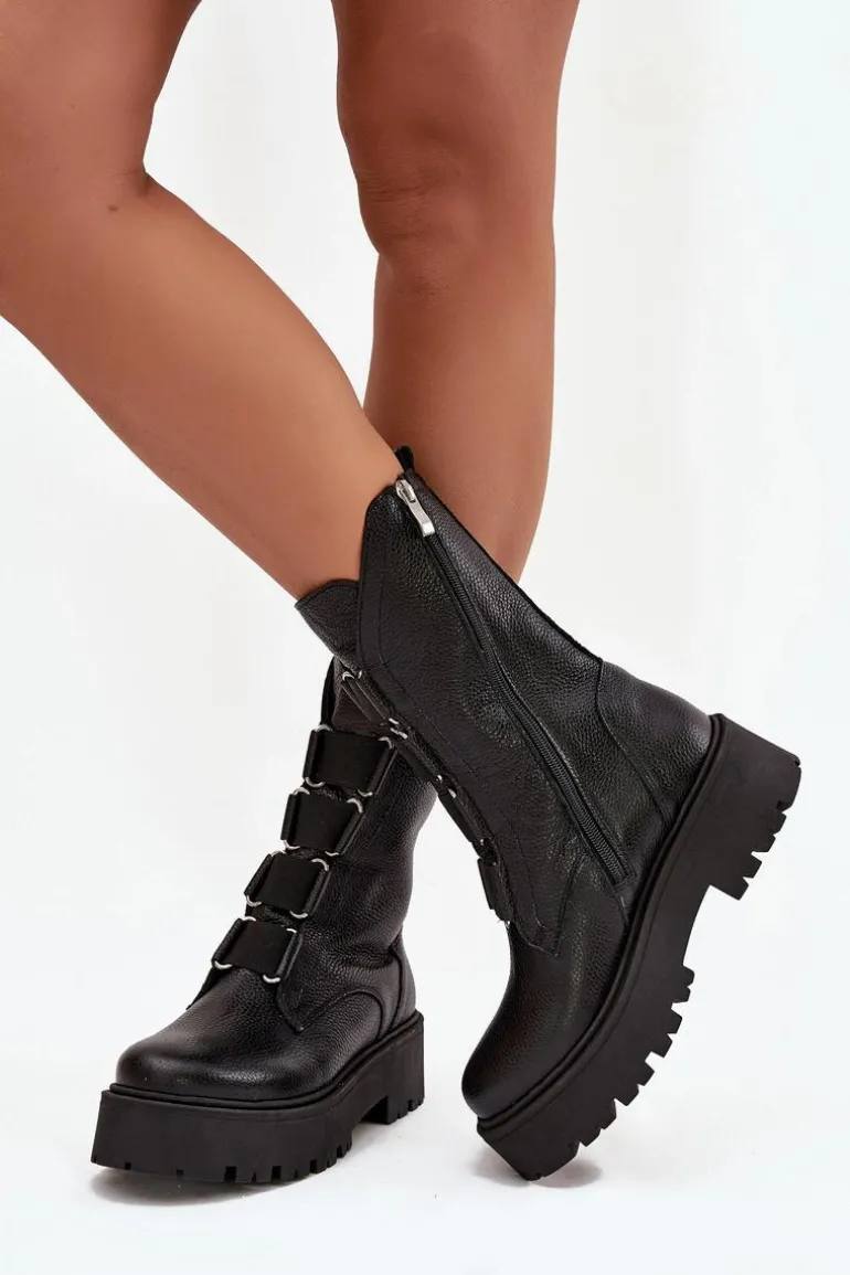 Botki Damskie Z Naturalnej Skóry Na Platformie Zazoo 3795 Czarne
