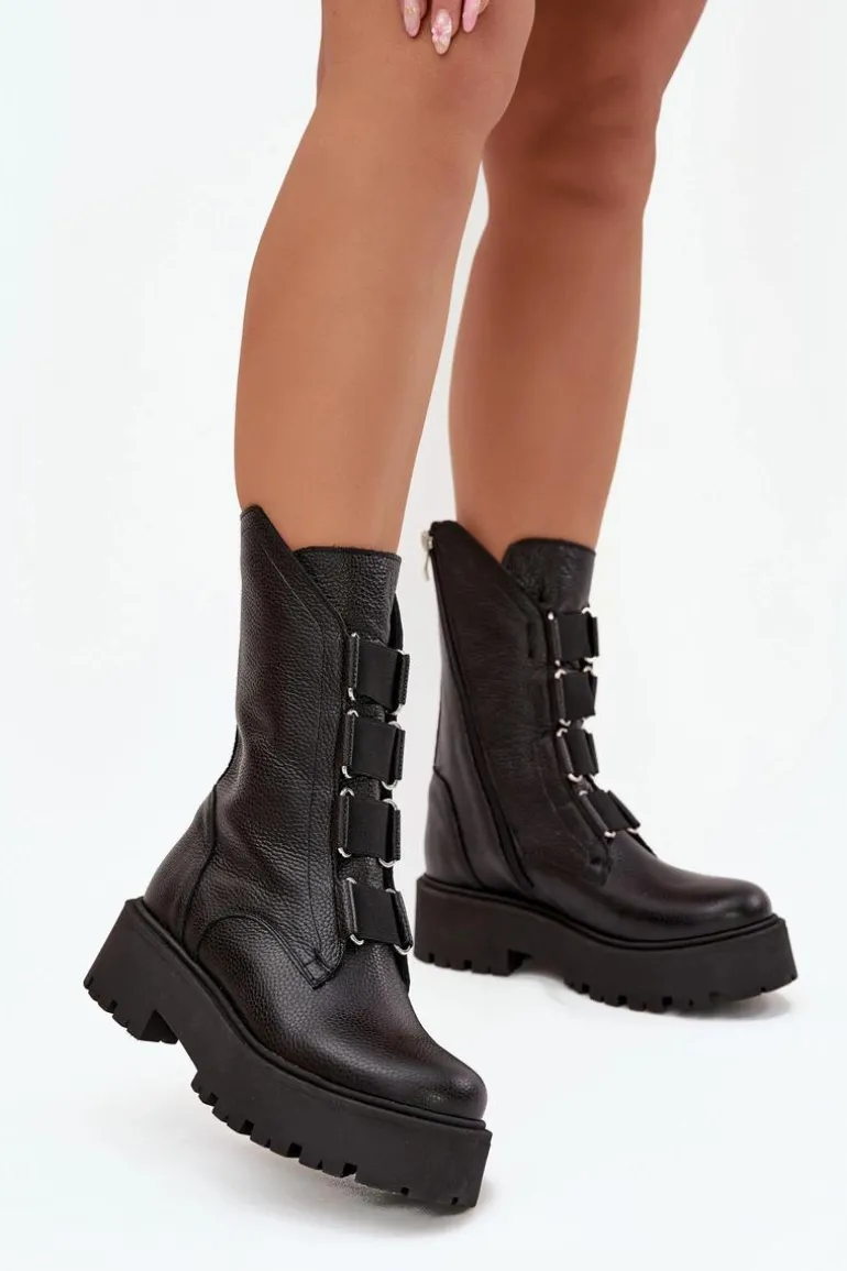 Botki Damskie Z Naturalnej Skóry Na Platformie Zazoo 3795 Czarne