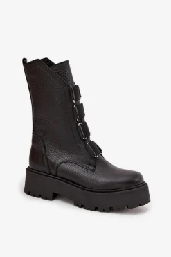 Botki Damskie Z Naturalnej Skóry Na Platformie Zazoo 3795 Czarne