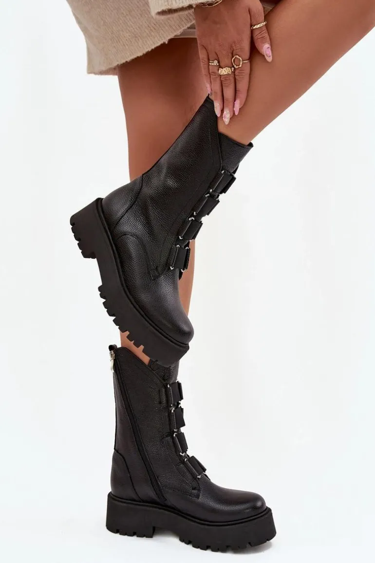 Botki Damskie Z Naturalnej Skóry Na Platformie Zazoo 3795 Czarne