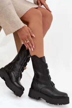 Botki Damskie Z Naturalnej Skóry Na Platformie Zazoo 3795 Czarne