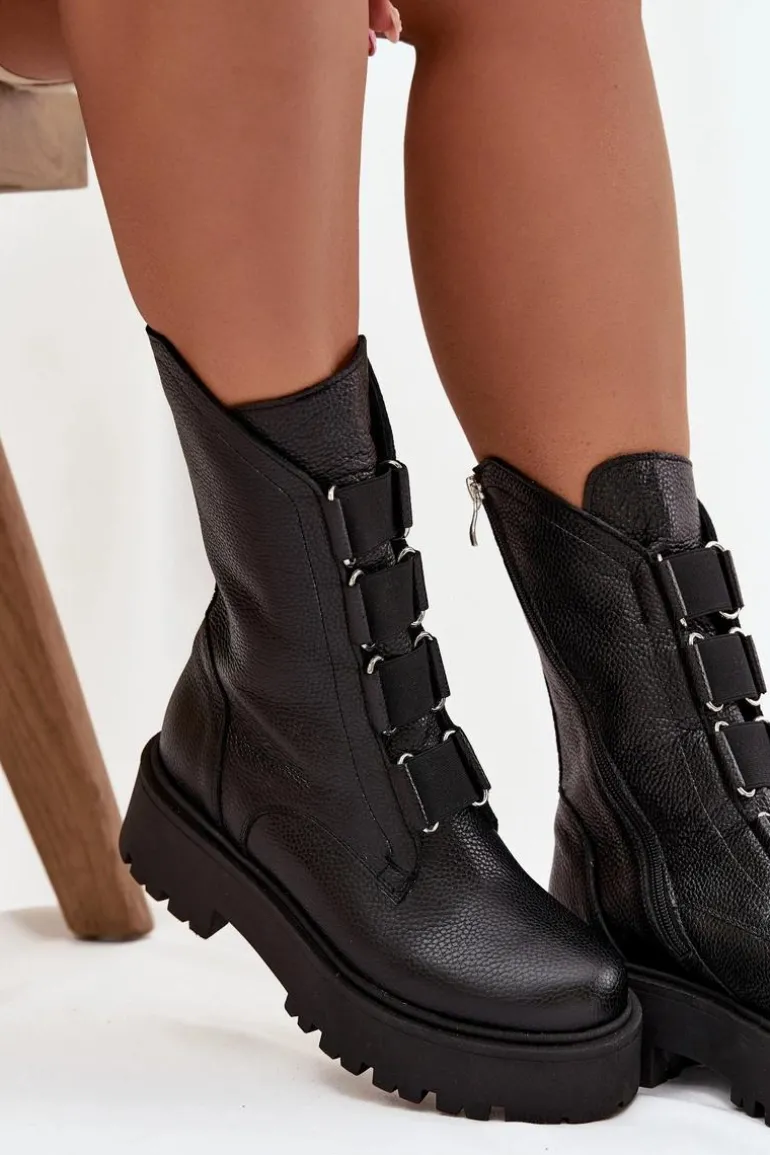 Botki Damskie Z Naturalnej Skóry Na Platformie Zazoo 3795 Czarne