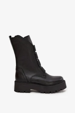 Botki Damskie Z Naturalnej Skóry Na Platformie Zazoo 3795 Czarne