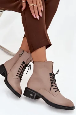 Botki Damskie Z Naturalnej Skóry Na Niskim Obcasie Ocieplane Vinceza 39955 Beżowe