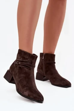 Botki Damskie Z Naturalnego Zamszu Na Klocku Ocieplane D&A CR52-651 Czekoladowe