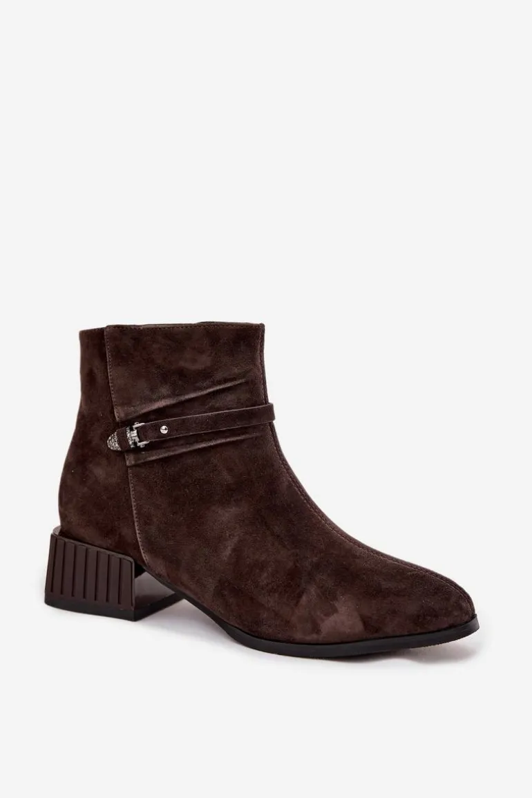 Botki Damskie Z Naturalnego Zamszu Na Klocku Ocieplane D&A CR52-651 Czekoladowe