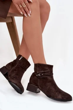 Botki Damskie Z Naturalnego Zamszu Na Klocku Ocieplane D&A CR52-651 Czekoladowe