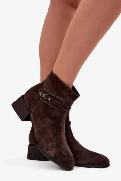 Botki Damskie Z Naturalnego Zamszu Na Klocku Ocieplane D&A CR52-651 Czekoladowe