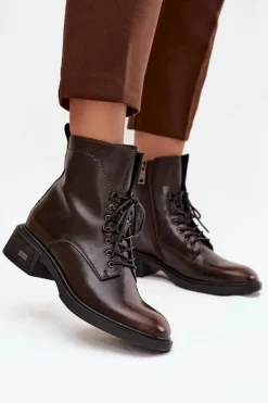 Botki Damskie Z Naturalnej Skóry Na Niskim Obcasie Ocieplane Vinceza 39955 Czekoladowe