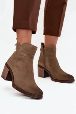 Botki Damskie Z Naturalnego Zamsz Na Słupku Ocieplane Sergio Leone BT25321-S Khaki