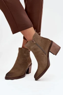 Botki Damskie Z Naturalnego Zamsz Na Słupku Ocieplane Sergio Leone BT25321-S Khaki