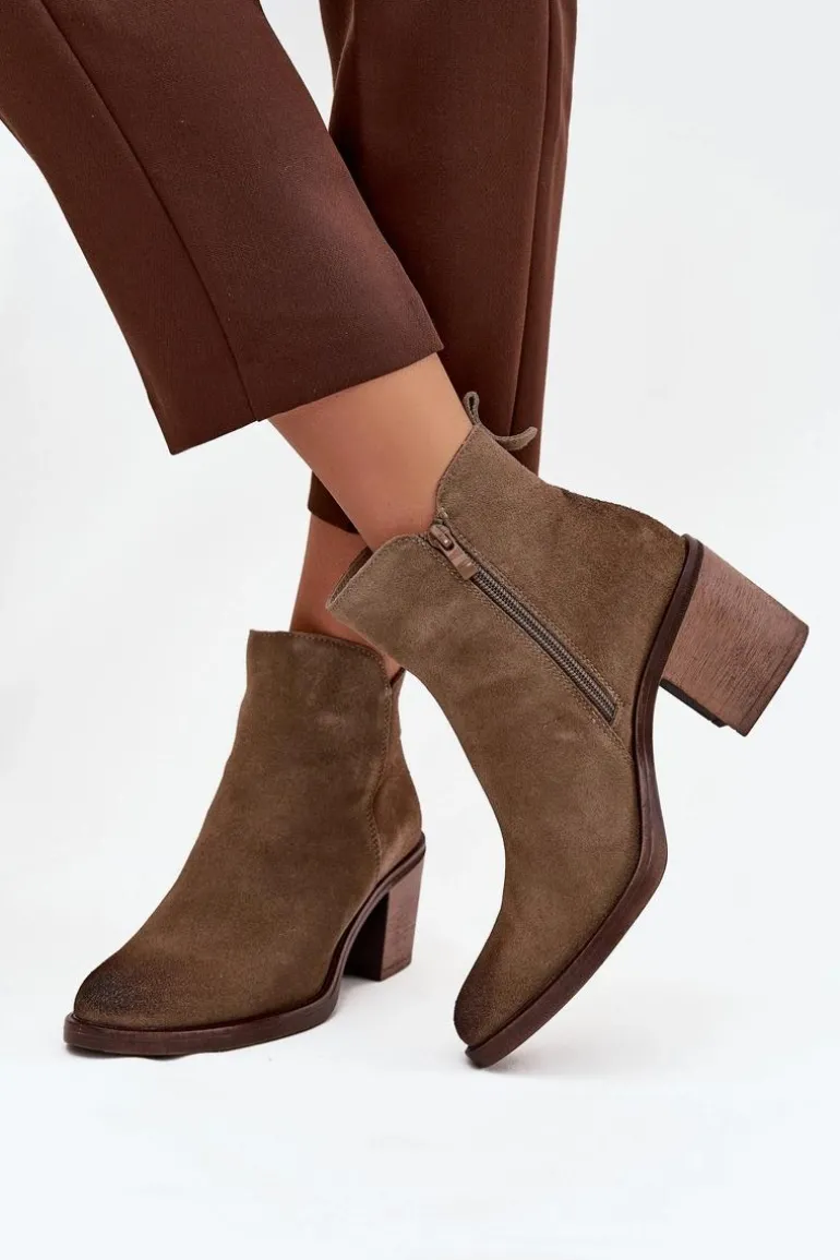 Botki Damskie Z Naturalnego Zamsz Na Słupku Ocieplane Sergio Leone BT25321-S Khaki