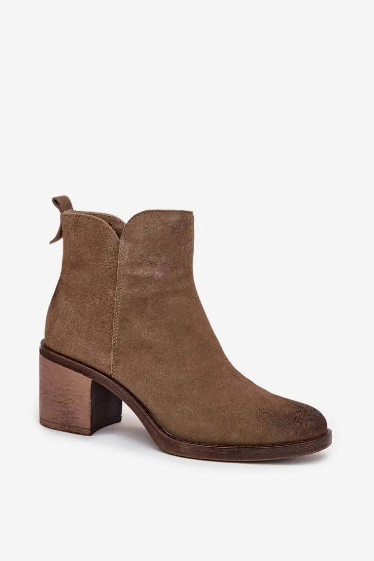 Botki Damskie Z Naturalnego Zamsz Na Słupku Ocieplane Sergio Leone BT25321-S Khaki