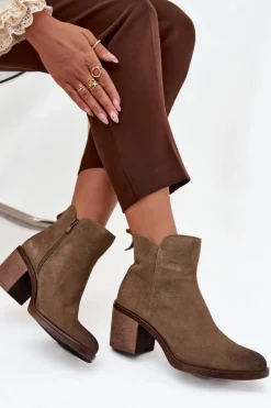 Botki Damskie Z Naturalnego Zamsz Na Słupku Ocieplane Sergio Leone BT25321-S Khaki