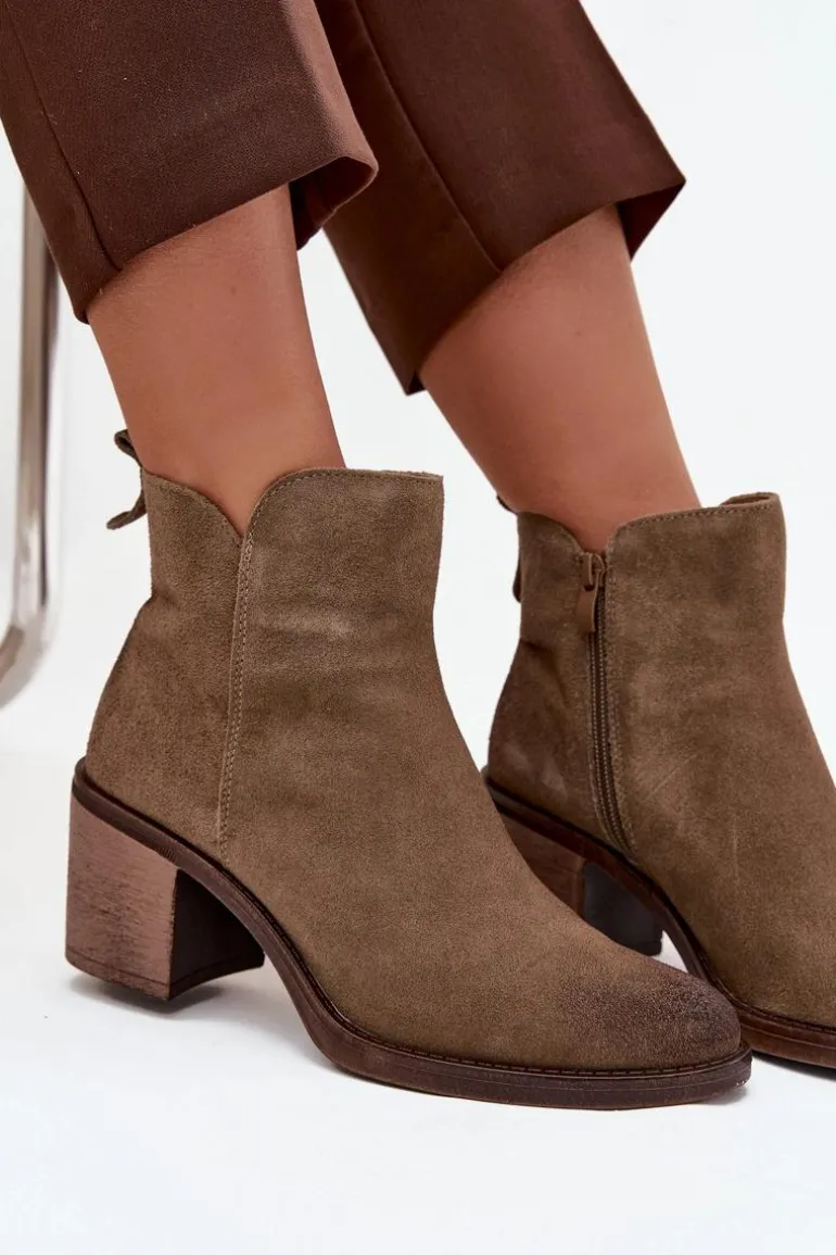 Botki Damskie Z Naturalnego Zamsz Na Słupku Ocieplane Sergio Leone BT25321-S Khaki