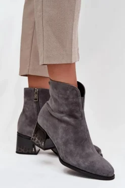 Botki Damskie Z Naturalnego Zamszu Na Obcasie Ocieplane Vinceza 66806 Szare