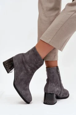 Botki Damskie Z Naturalnego Zamszu Na Obcasie Ocieplane Vinceza 66806 Szare