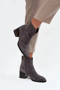 Botki Damskie Z Naturalnego Zamszu Na Obcasie Ocieplane Vinceza 66806 Szare