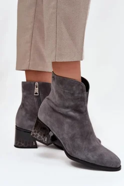 Botki Damskie Z Naturalnego Zamszu Na Obcasie Ocieplane Vinceza 66806 Szare