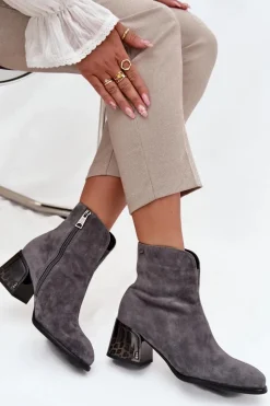 Botki Damskie Z Naturalnego Zamszu Na Obcasie Ocieplane Vinceza 66806 Szare