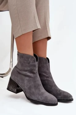 Botki Damskie Z Naturalnego Zamszu Na Obcasie Ocieplane Vinceza 66806 Szare