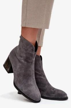 Botki Damskie Z Naturalnego Zamszu Na Obcasie Ocieplane Vinceza 66806 Szare