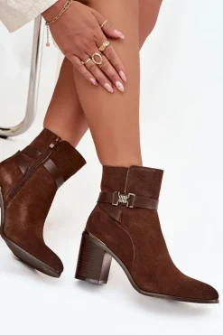 Botki Damskie Z Naturalnego Zamszu Na Słupku Ocieplane Sergio Leone BT25384-S Brązowe