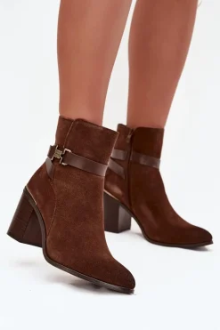 Botki Damskie Z Naturalnego Zamszu Na Słupku Ocieplane Sergio Leone BT25384-S Brązowe