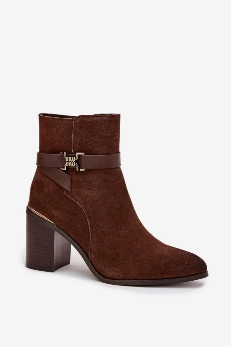 Botki Damskie Z Naturalnego Zamszu Na Słupku Ocieplane Sergio Leone BT25384-S Brązowe