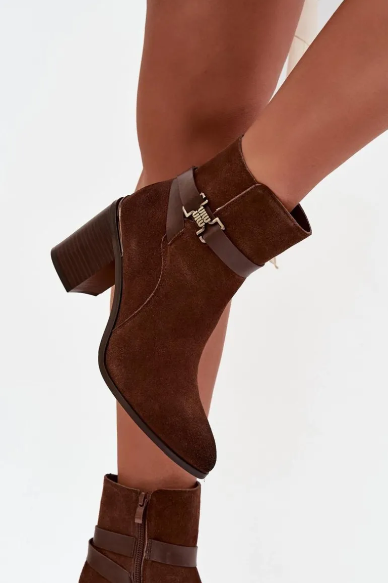 Botki Damskie Z Naturalnego Zamszu Na Słupku Ocieplane Sergio Leone BT25384-S Brązowe