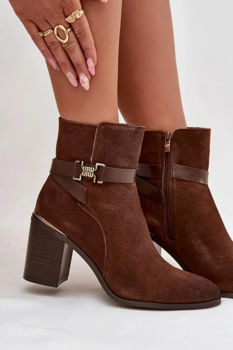 Botki Damskie Z Naturalnego Zamszu Na Słupku Ocieplane Sergio Leone BT25384-S Brązowe