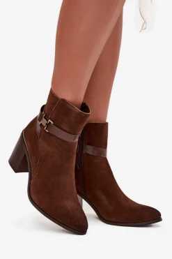 Botki Damskie Z Naturalnego Zamszu Na Słupku Ocieplane Sergio Leone BT25384-S Brązowe