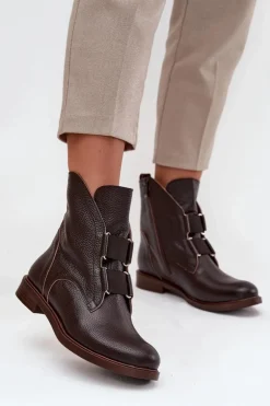 Botki Damskie Z Naturalnej Skóry Na Płaskim Obcasie Zazoo 3842 Czekoladowe