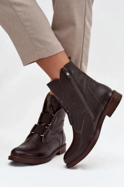 Botki Damskie Z Naturalnej Skóry Na Płaskim Obcasie Zazoo 3842 Czekoladowe