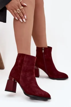 Botki Damskie Z Naturalnego Zamszu Na Słupku Ocieplane D&A CR52-718 Bordowe