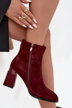 Botki Damskie Z Naturalnego Zamszu Na Słupku Ocieplane D&A CR52-718 Bordowe
