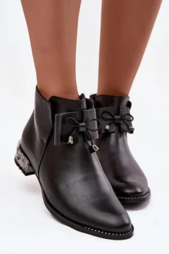 Botki Damskie Z Naturalnej Skóry Na Niskim Obcasie Zazoo 1396 Czarne