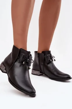 Botki Damskie Z Naturalnej Skóry Na Niskim Obcasie Zazoo 1396 Czarne