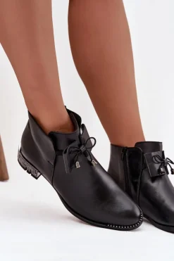 Botki Damskie Z Naturalnej Skóry Na Niskim Obcasie Zazoo 1396 Czarne