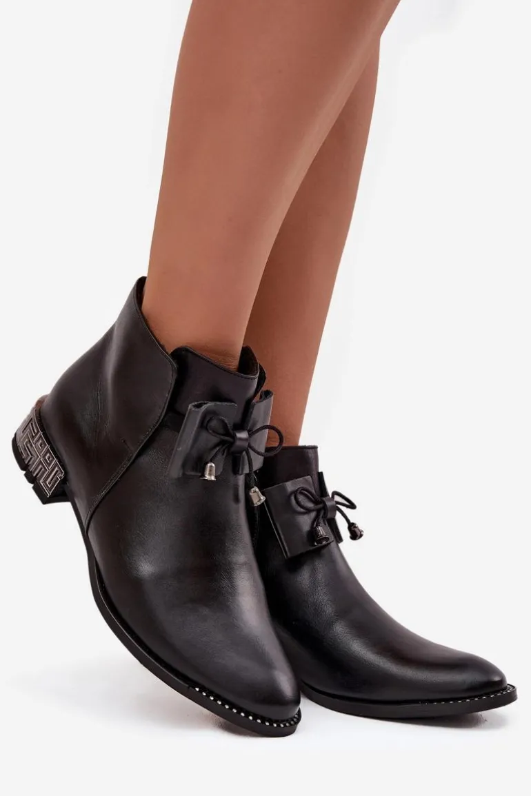 Botki Damskie Z Naturalnej Skóry Na Niskim Obcasie Zazoo 1396 Czarne