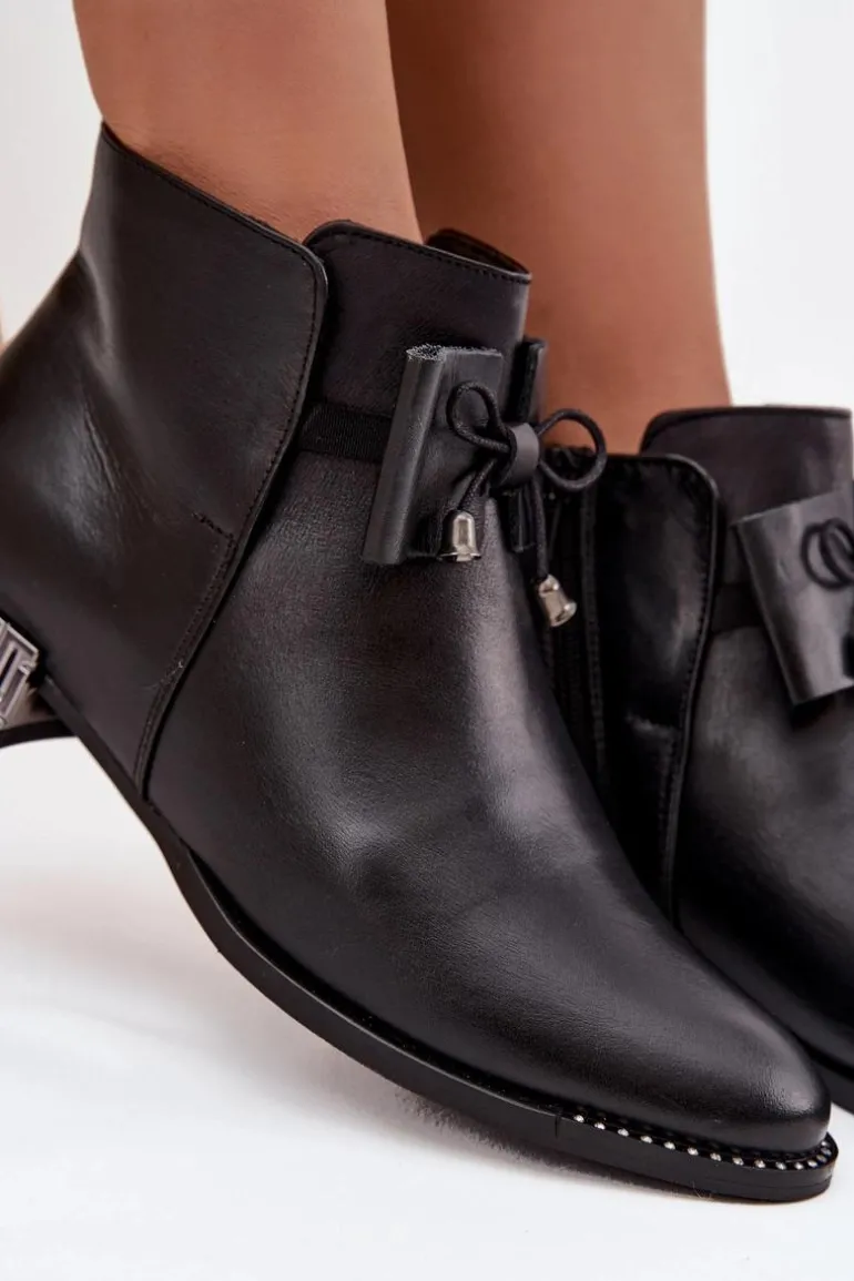 Botki Damskie Z Naturalnej Skóry Na Niskim Obcasie Zazoo 1396 Czarne