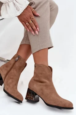 Botki Damskie Z Naturalnego Zamszu Na Obcasie Ocieplane Vinceza 66806 Camel