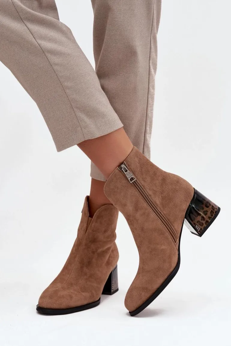 Botki Damskie Z Naturalnego Zamszu Na Obcasie Ocieplane Vinceza 66806 Camel
